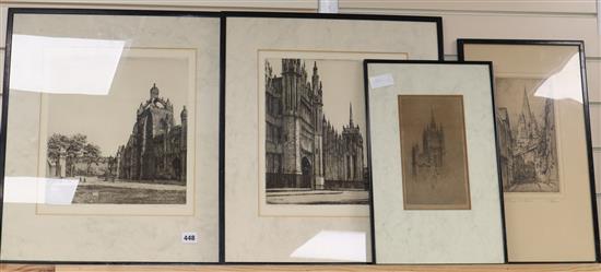 Wilfred Appleby, two etchings, Views of Aberdeen University, signed in pencil, 35 x 32cm and two other etchings